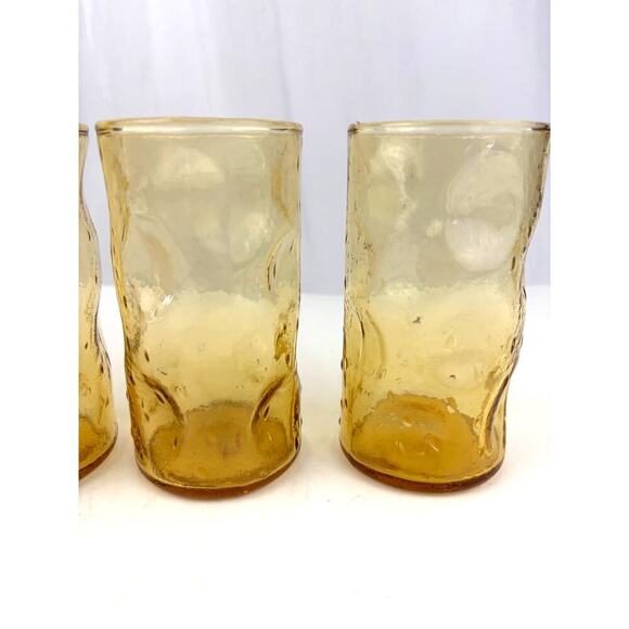 VTG Honey Amber Dimpled Glass Tumblers Pinched Yellow MCM Set of 4 - Picture 3 of 14